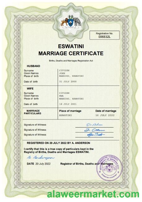 Eswatini marriage certificate Word and PDF template